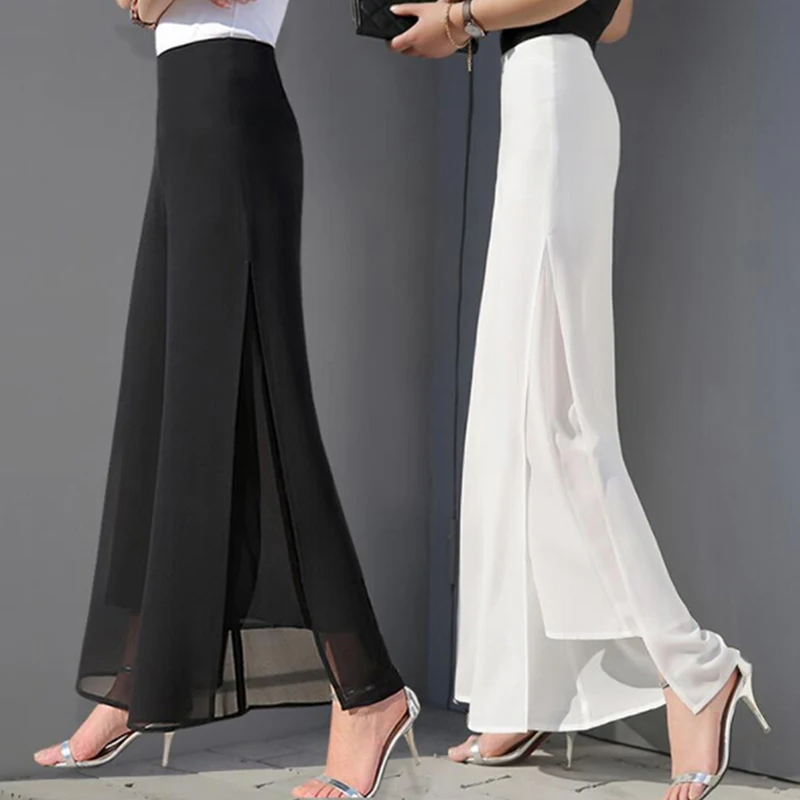 

2021 Summer Autumn Women Chiffon Wide-leg Pants High Waist Full Length Pants Female Fashion Loose Split Chiffon Pants Mujer