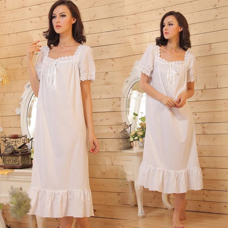 Женская хлопковая ночная рубашка с коротким рукавом винтажная длинная белая