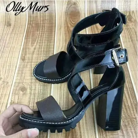 

Prowow Genuine Leather Letter Printed Sandals Sexy Platform Chunky Heel HIgh Heel Sandals Shoes Women Sandalias Shoes Women