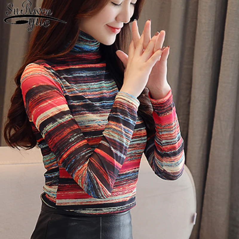 Модная осенняя одежда 2019 новая полосатая блузка с высоким воротником и принтом