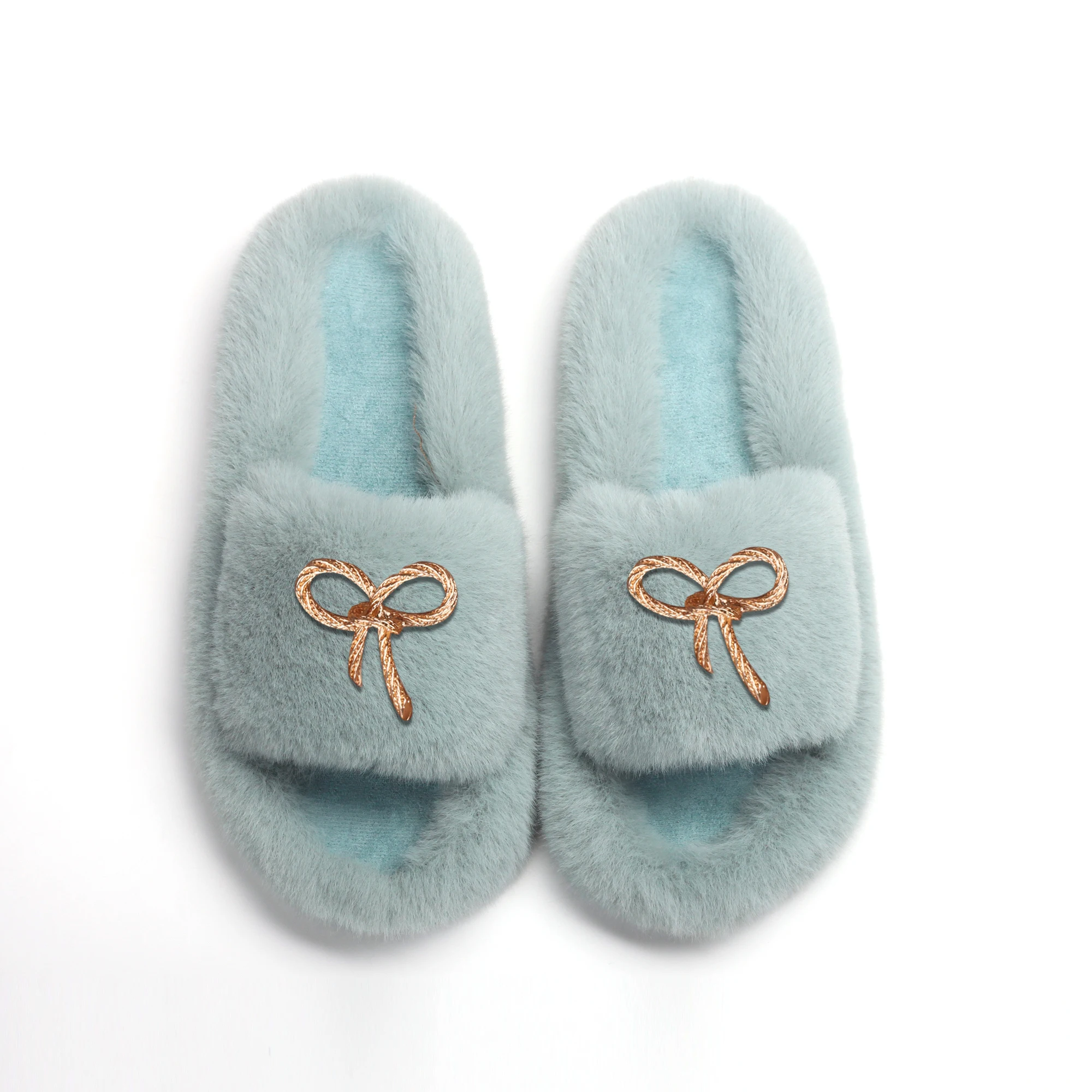 Fluffy Slippers Female Rope Bow Decor Faux Fur Slides Flip Flops Designer Fluffy Sandals Indoor Slippers Luxury Winter Shoes