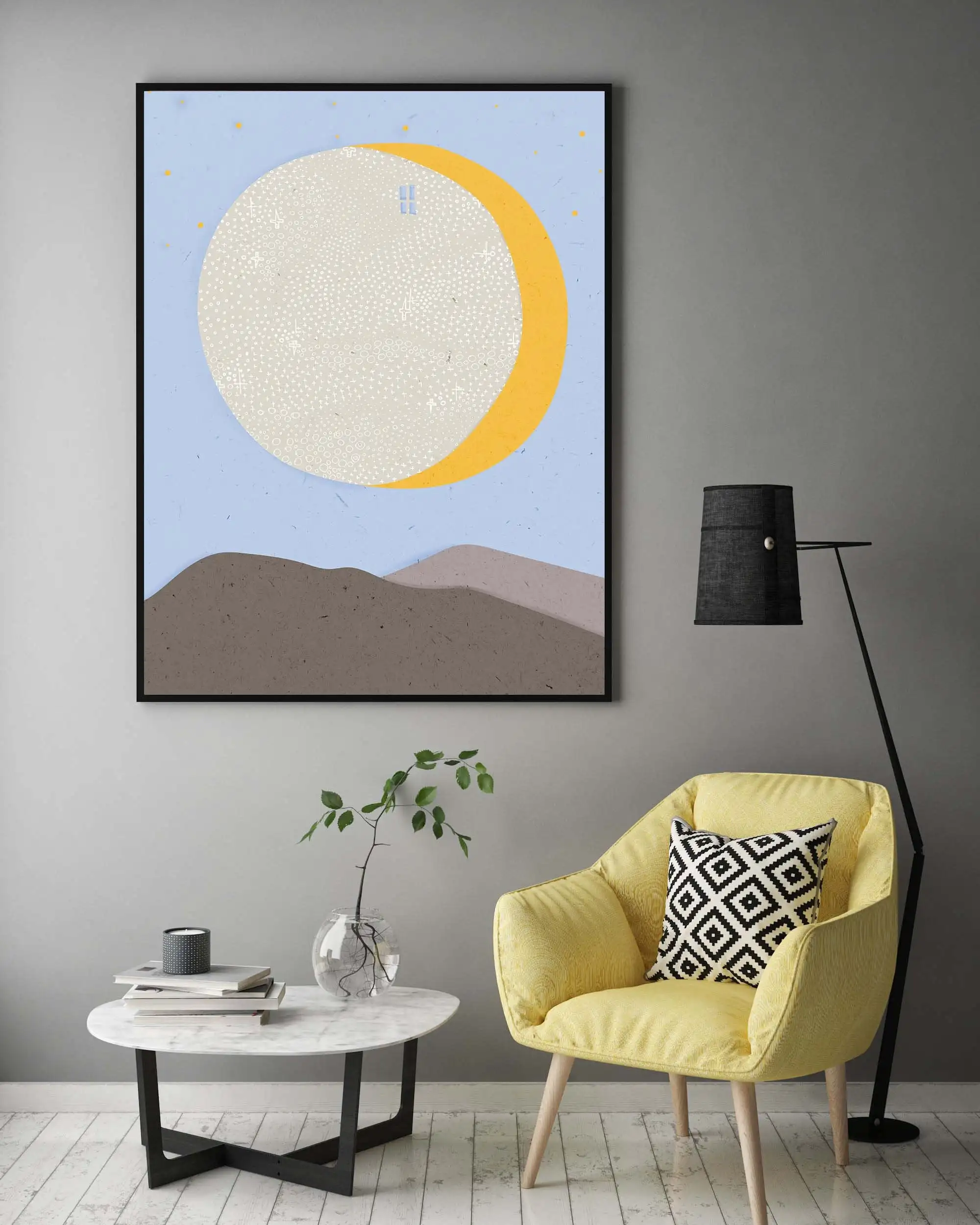 Настенное искусство солнце и луна гора голубое небо круглый естественный