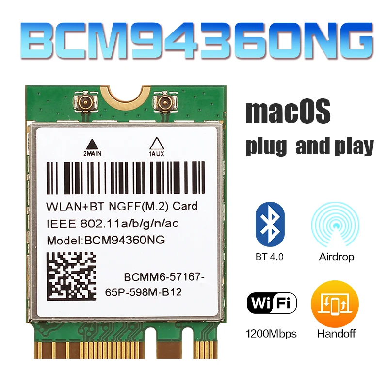 Для Hackintosh mac os BCM94360NG BCM94360CS2 802.11AC WiFi 867 Мбит/с WLAN Беспроводная карта Bluetooth 4 0 NGFF M.2