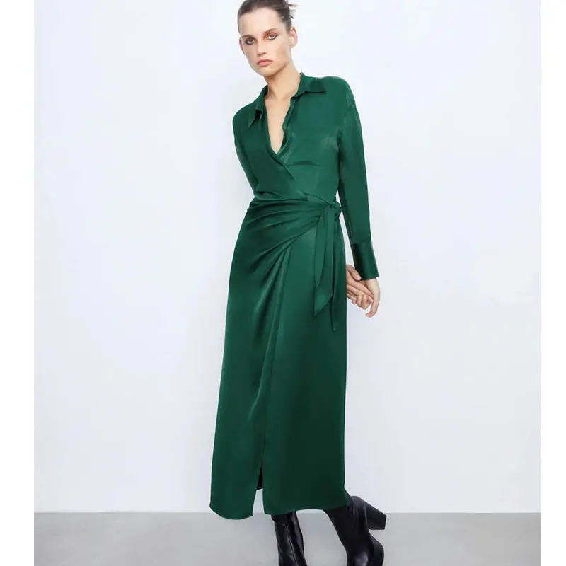 

Женское атласное платье-рубашка Nlzgmsj Za 2021, Летнее Длинное Платье с запахом, Женские Элегантные платья миди с длинным рукавом, 202111