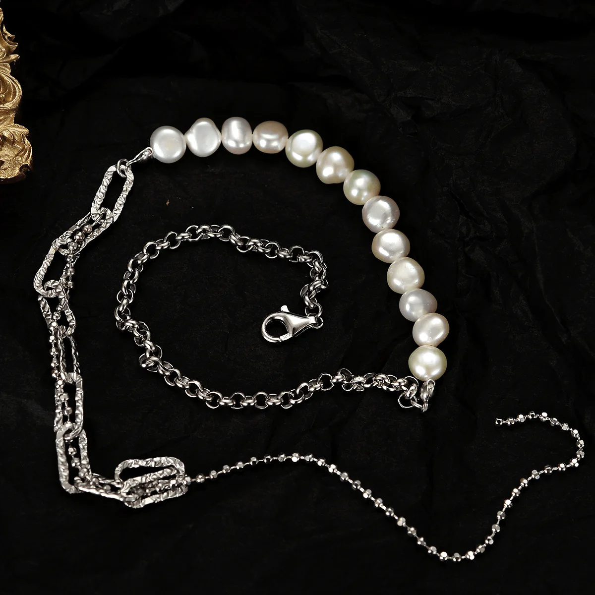

Europe light luxury niche 100% S925 sterling silver women's white gold Baroque pearl necklace elegant jewerly