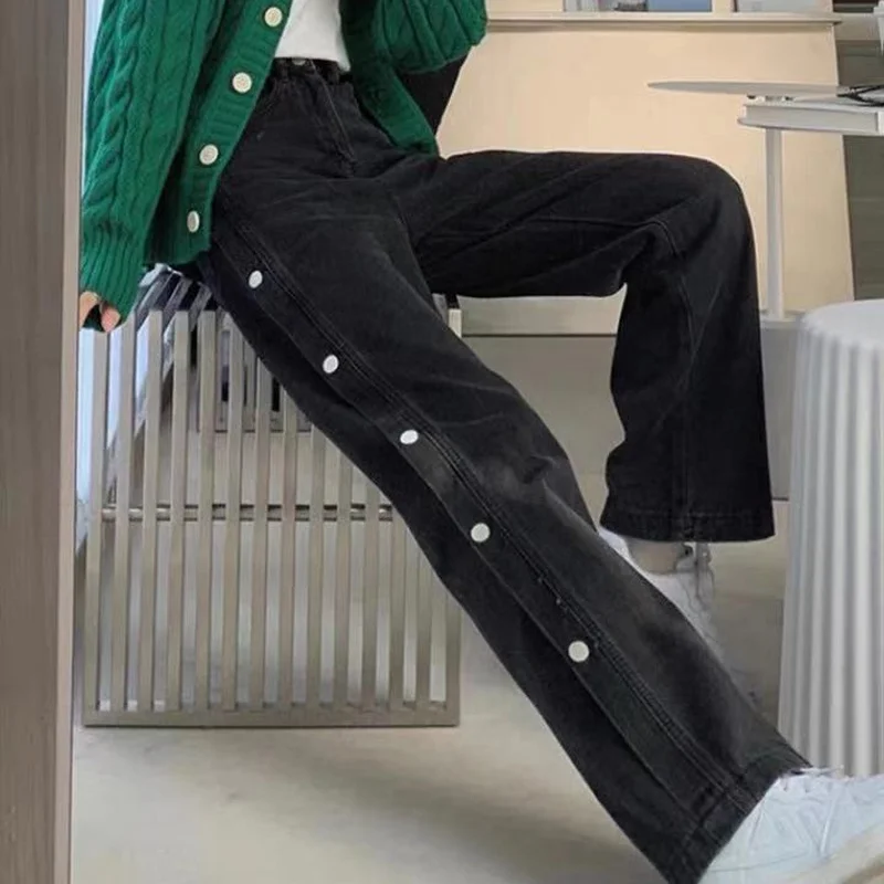 

Women Jeans Casual Denim Long Trousers Side Buttons Straight Loose Casual All-match Fashion Streetwear Wide Leg Ulzzang Chic New