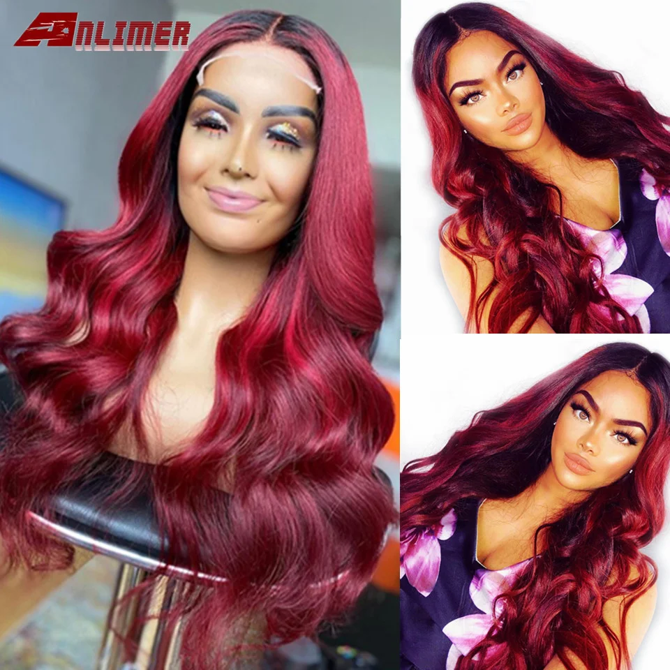 

Ombre 1b/99j Red Color 360 Lace Front Wigs Pre Plucked With Baby Hair Brazilian Remy Human Hair Body Wave Full Lace Wigs Anlimer