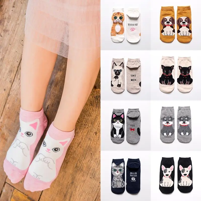 

1Pair 2021 New Women Girls Fashion Ankle Socks Kawaii Cartoon Cat Dog Cotton Socks Breathable Popula