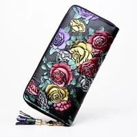 genuine leather wallet women large capacity card holder purse floral womens leather wallets long female coin purse