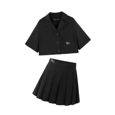 

2020 Summer Loose 2 Piece Set Woman Preppy Style Pleated Mini Plaid Skirt Set Crop Top High Waist Two Piece Sets Women Clothes