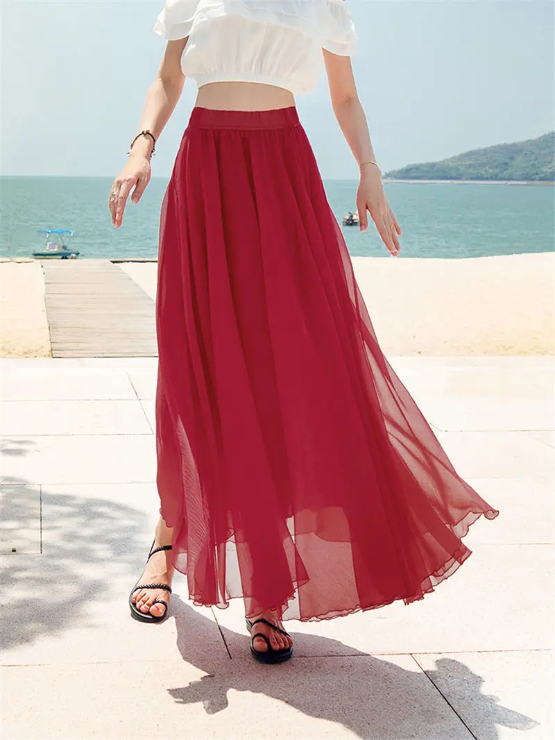 

Beach Skirt 2021 Female Summer A-Line High Waist Chiffon Skirt Thin Pure Color Elegant Large Swing Saias Longas Boho zh1024