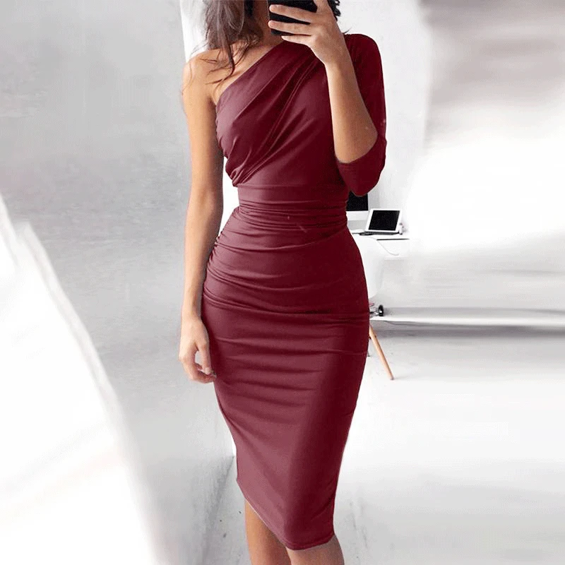 

Women Solid Slim Sexy Mid Dress Slanting Shoulder Backless Pack Hip High Waist Elegant Dress 2021 Spring New Women Party Dress