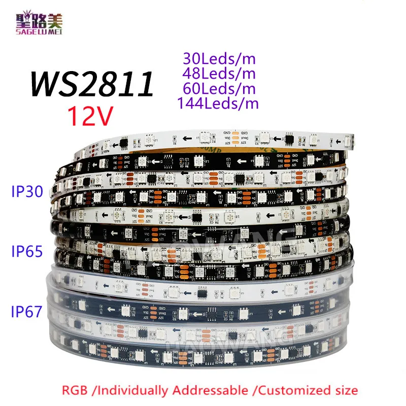 

5m/rolls WS2811 DC12V RGB Led Strip Light 5050 SMD Addressable 30/48/60LEDs 1 IC Control 3 Leds White/Black PCB led strip lights