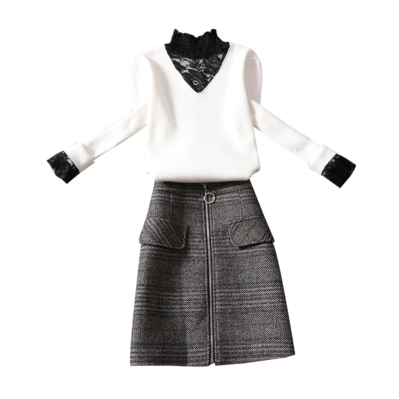 

winter new 2020 fashion design knitted lace sweater pullovers and pocket knitted mini skirts lady skirts suits top quality