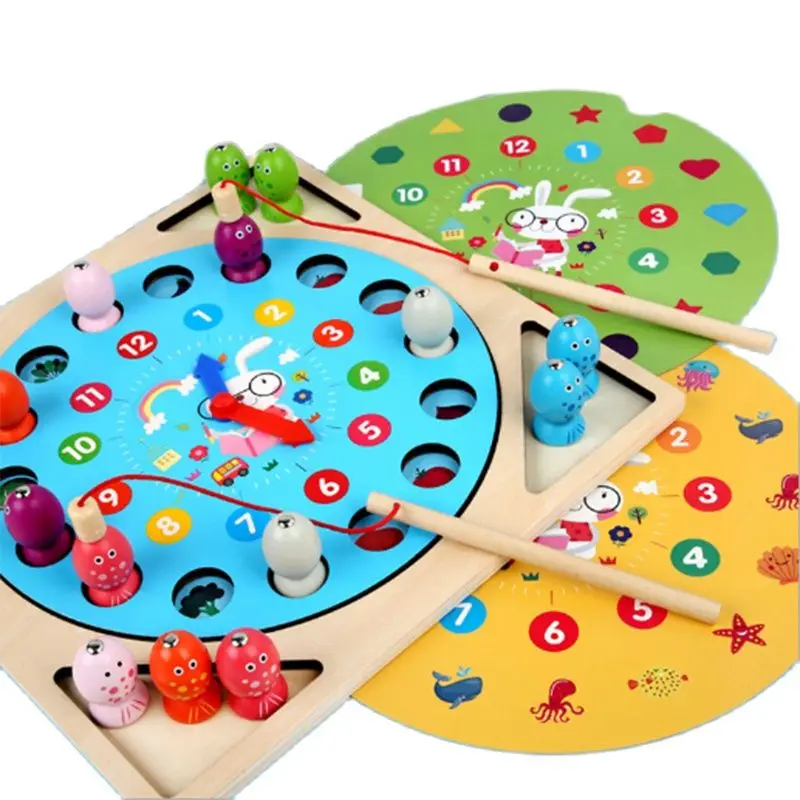 

Multi Functional 3 in1 Magnetic Baby Wooden Learning Toys, Memory Clock Fishing Toy