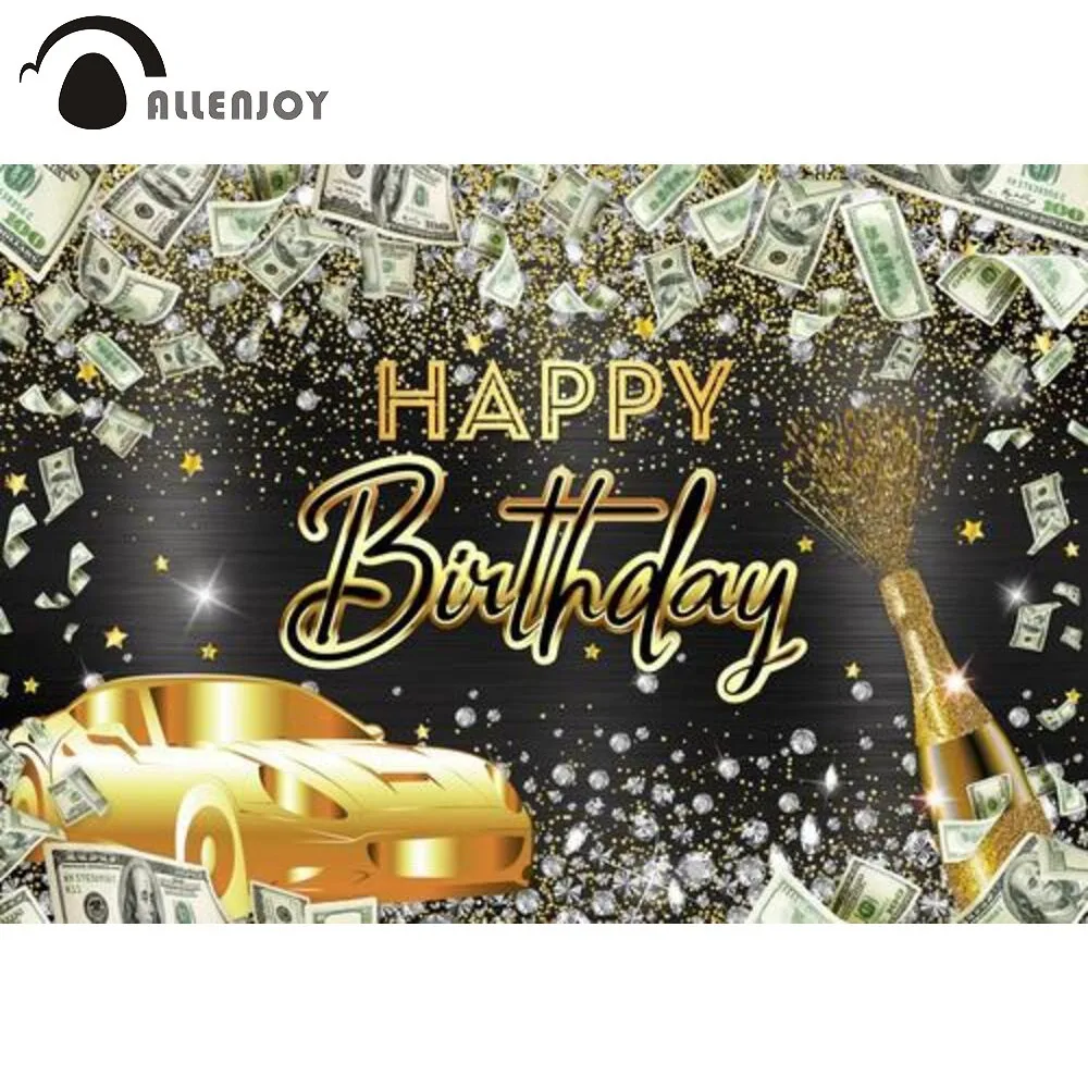 

Allenjoy Rich Happy Birthday Party Background Gold Car Money Diameter Champagne Luxurious Celebration Glitter Photozone Backdrop