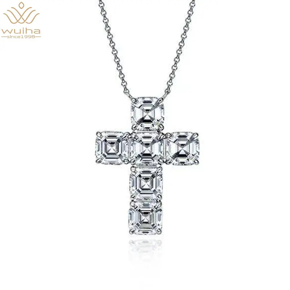 

WUIHA 100% 925 Sterling Silver Created Moissanite Gemstone Cross Pendant Necklace For Women Sparkling Wedding Party Fine Jewelry