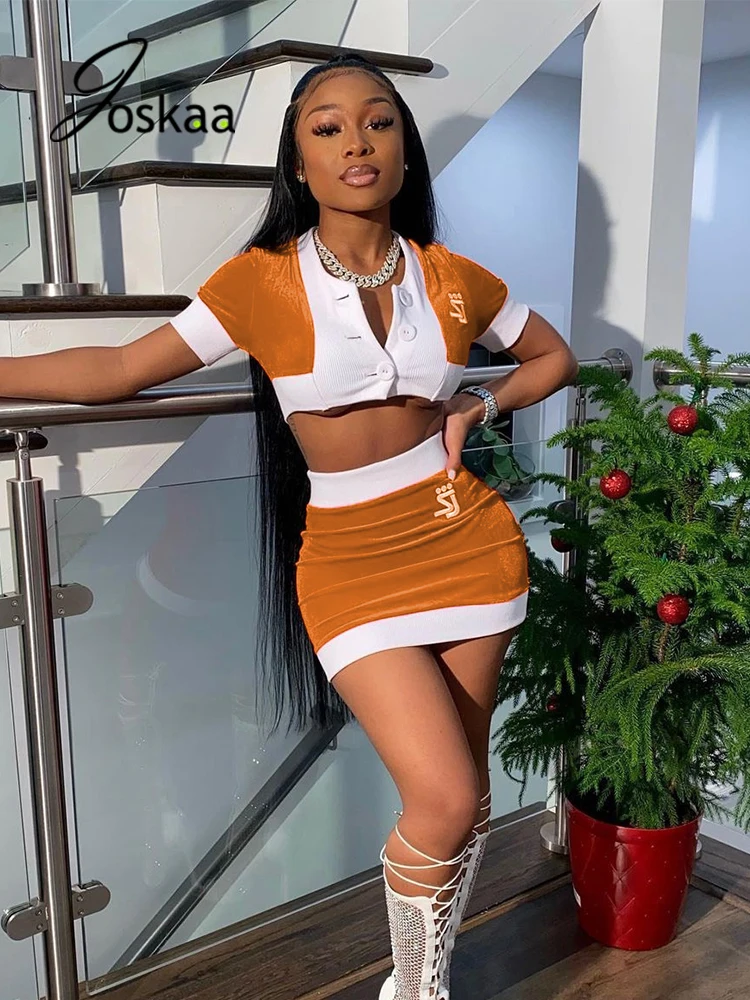 

Joskaa Velet Two Pieces Set Patchwork Tshirt And Mini Skirt Matching Tracksuit For Summer Women Bandage Elegant Fashion Clubwear