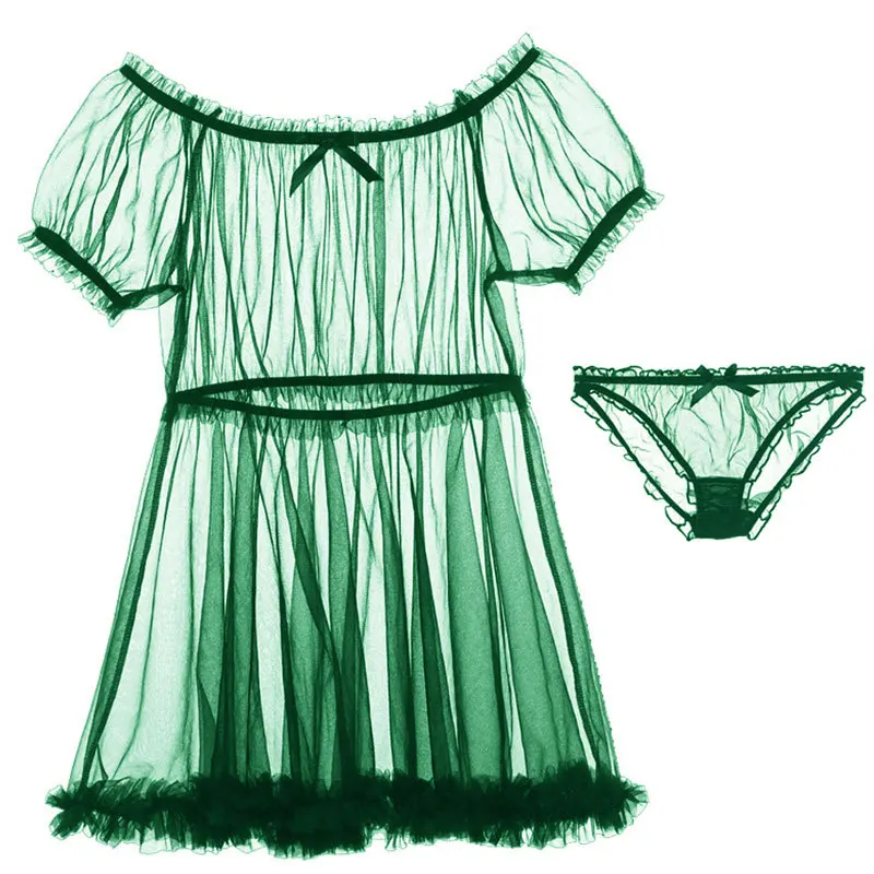 

Sexy one-shoulder sexy lingerie seductive perspective mesh puff sleeves sexy nightdress suit ladies nightdress