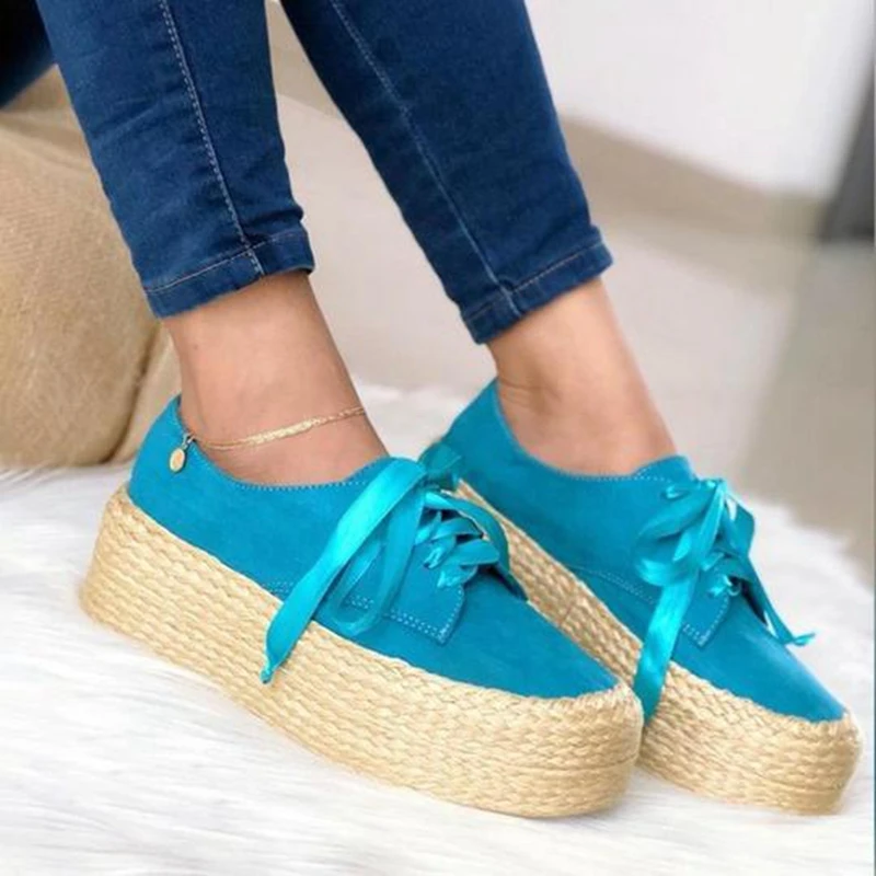 blue WENYUJH/парусиновая обувь на плоской подошве; коллекция года; Модные женские эспадрильи; обувь на плоской толстой подошве; повседневная обувь на плоской подошве со шнуровкой и круглым носком для девочек - Цвет: blue