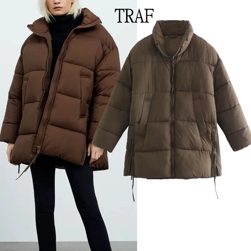 

TRAF Women Jackets Autumn Winter Oversized Jacket Coat Vintage Long Sleeve Pockets Cotton Clothes Female Outerwear Chic Tops