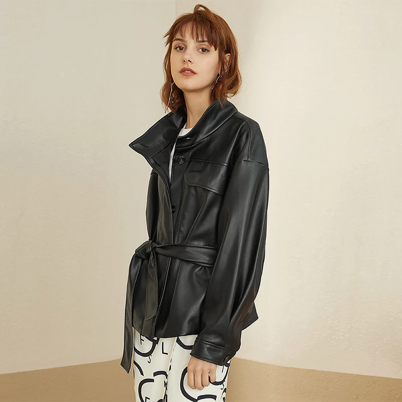 Lautaro Свободная женская искусственная кожа рубашка на пуговицах с