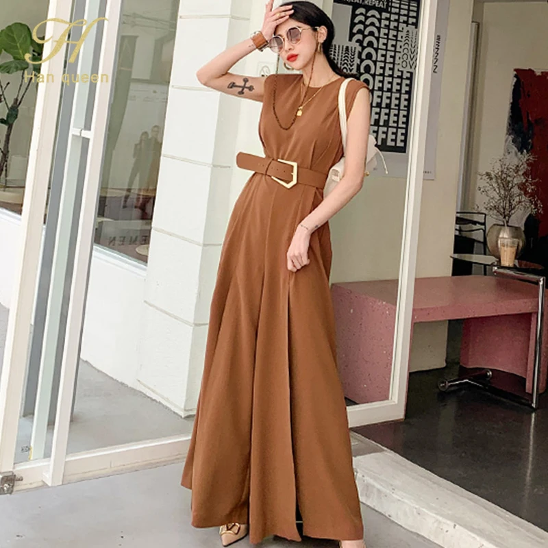 

H Han Queen Hot Sale Elegant Summe Business Jumpsuits Women O-Neck Split Wide Leg Trousers Long Playsuits Casual Office Rompers