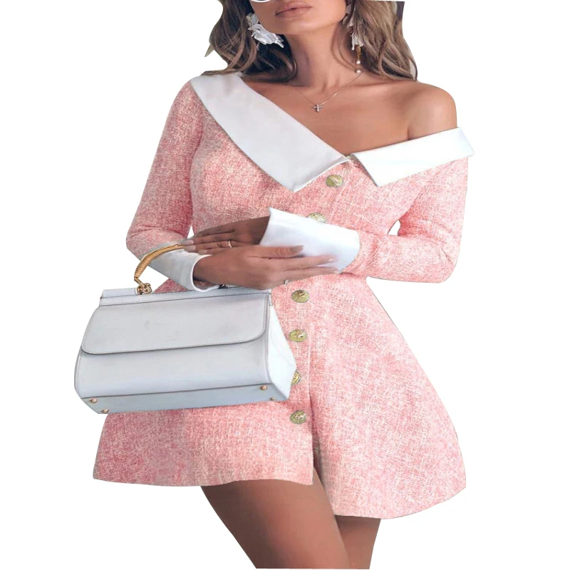 

2021 Autumn Winter New Female Button Slim Short Dress Fashion Office Ladie Sexy Slash Neck Long Sleeve Blazer Dress