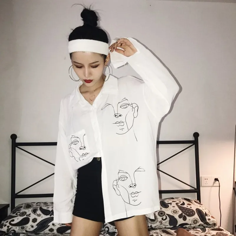 

2021 New Summer Blouse Shirt Female Cotton Face Printing Full Sleeve Long Shirts Women Tops Ladies Clothing