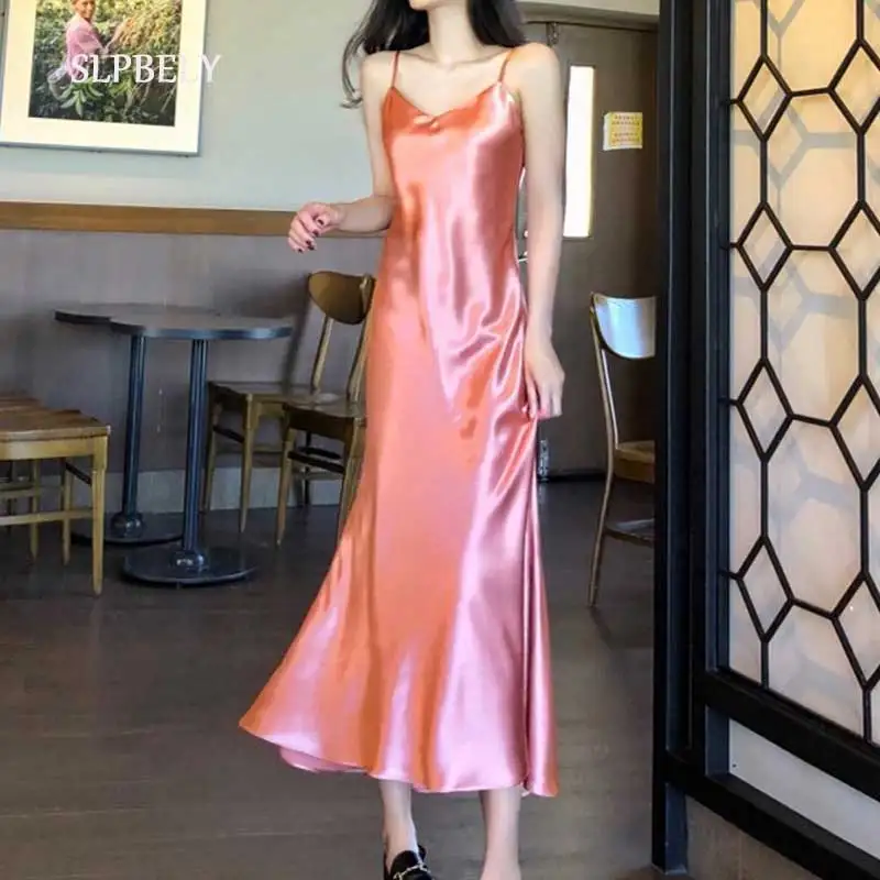 

SLPBELY Retro Silk Sling Party Dress Summer Sexy Sleeveless Blackless Mermaid Dress V Neck Sundress Elegant Holiday Beach Dress