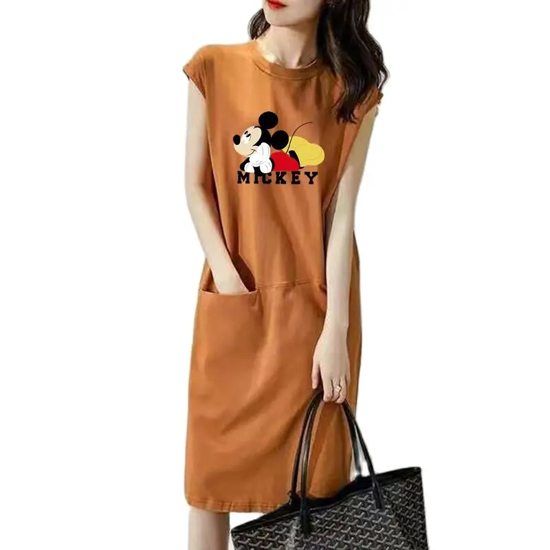 

Модные летние платья для женщин с рисунком Диснея счастливого Микки Мауса, свободное платье средней длины без рукавов для женщин, Повседнев...