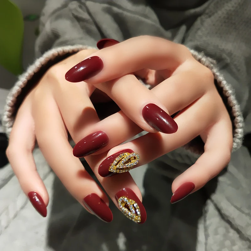 Новинка 2019 24 шт. искусственные ногти 3D винно-Красный бриллиант свадебные