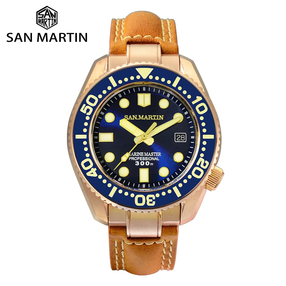 

Мужские часы San Martin MM300 CuSn8 с бронзовым сапфиром PT5000, автоматическое движение, мужские часы t 30 бар, водостойкие, с кожаным ремешком, светящиес...