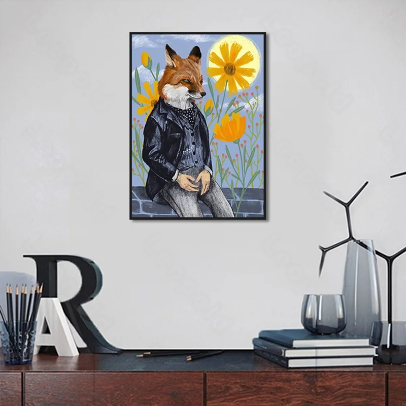 

Cartoon Style Murals Fox Gentleman and Daisy Frameles Poster Home Residential Bedroom Decoration Living Room Canvas Painting