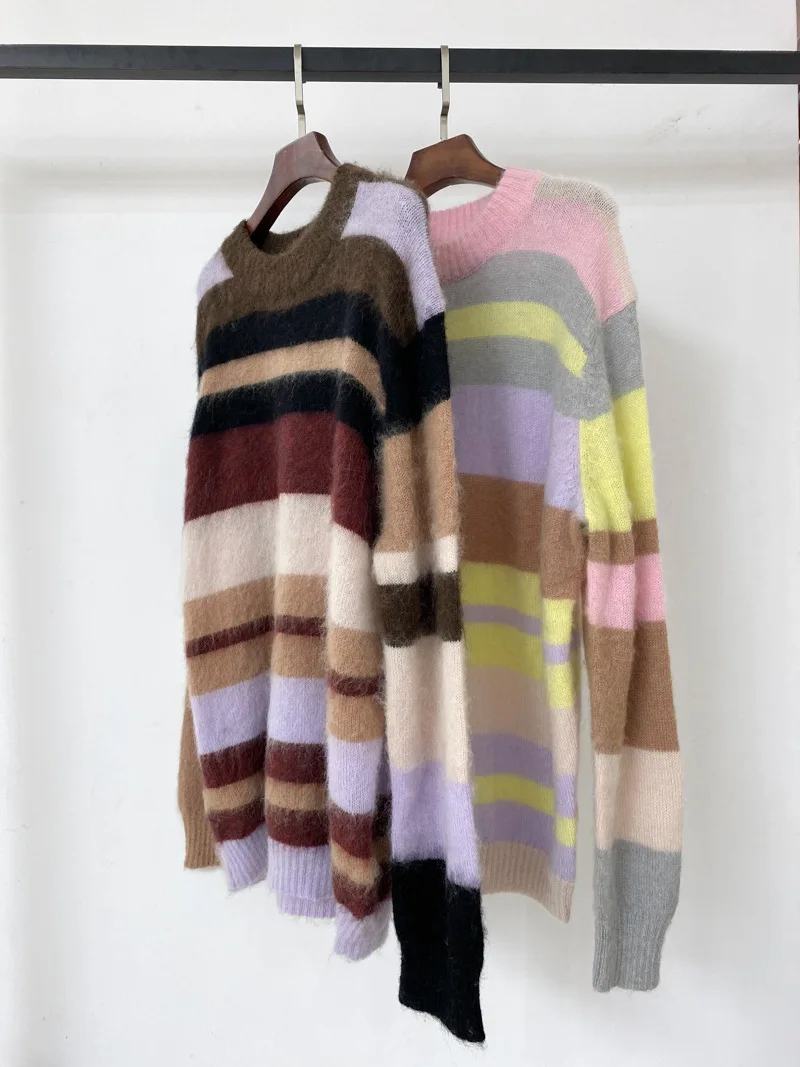 

Women's Mohair Blend Sweater Stripes Color Patchwork Loose Long Sleeve O-Neck Casual Ladies Pullover 2021 Autumn Winter New