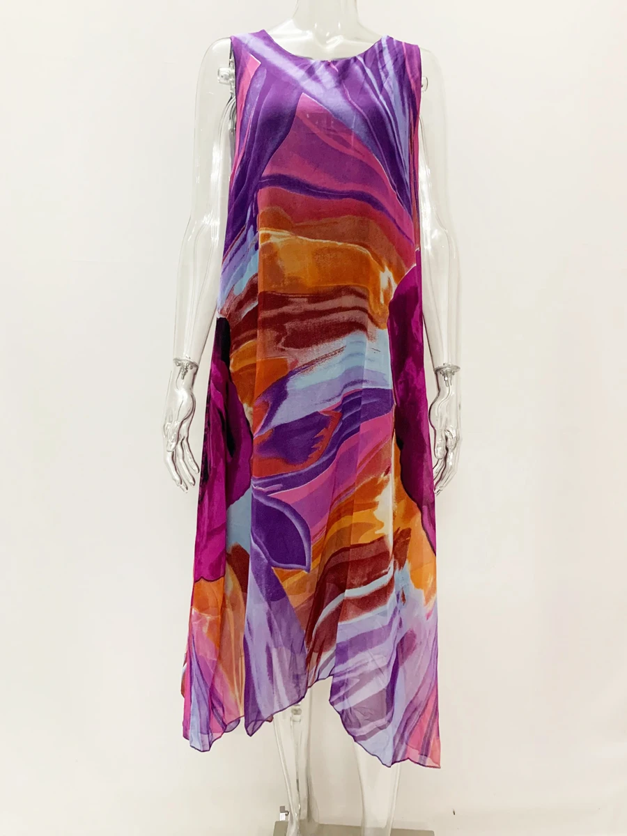 

Quality Summer Bohemian Women Chiffon Dress Sleeveless O Neck Dresses Casual Loose Beach Midi Dress Robe Femme Vestidos Dresses