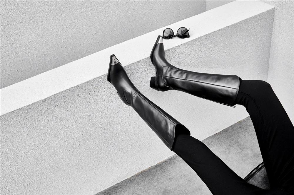 Buono Scarpe/Сапоги до колена с металлическим квадратным носком; фирменный дизайн из натуральной кожи; модная обувь на высоком каблуке; Botas Mujer; обувь на не сужающемся книзу массивном каблуке; Zapatos; Лидер продаж