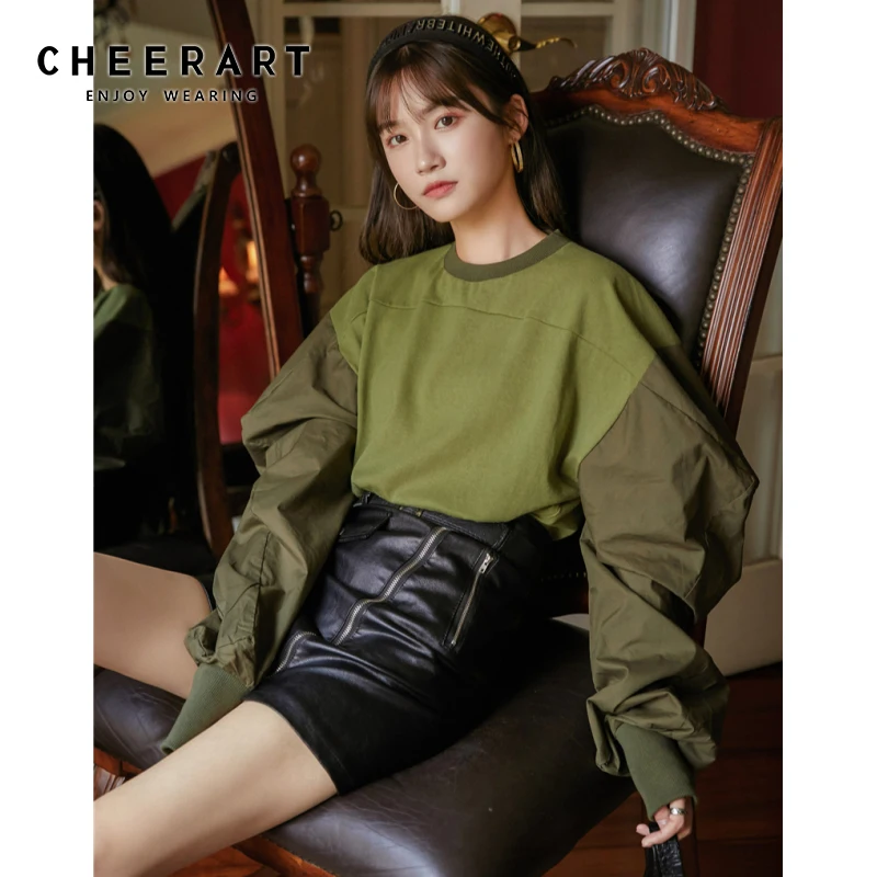 

CHEERART Green Puff Sleeve Crewneck Sweatshirt Women Patchwork Pullovers Hoodie Streetwear Autumn 2021 Fall Fashion Clothes