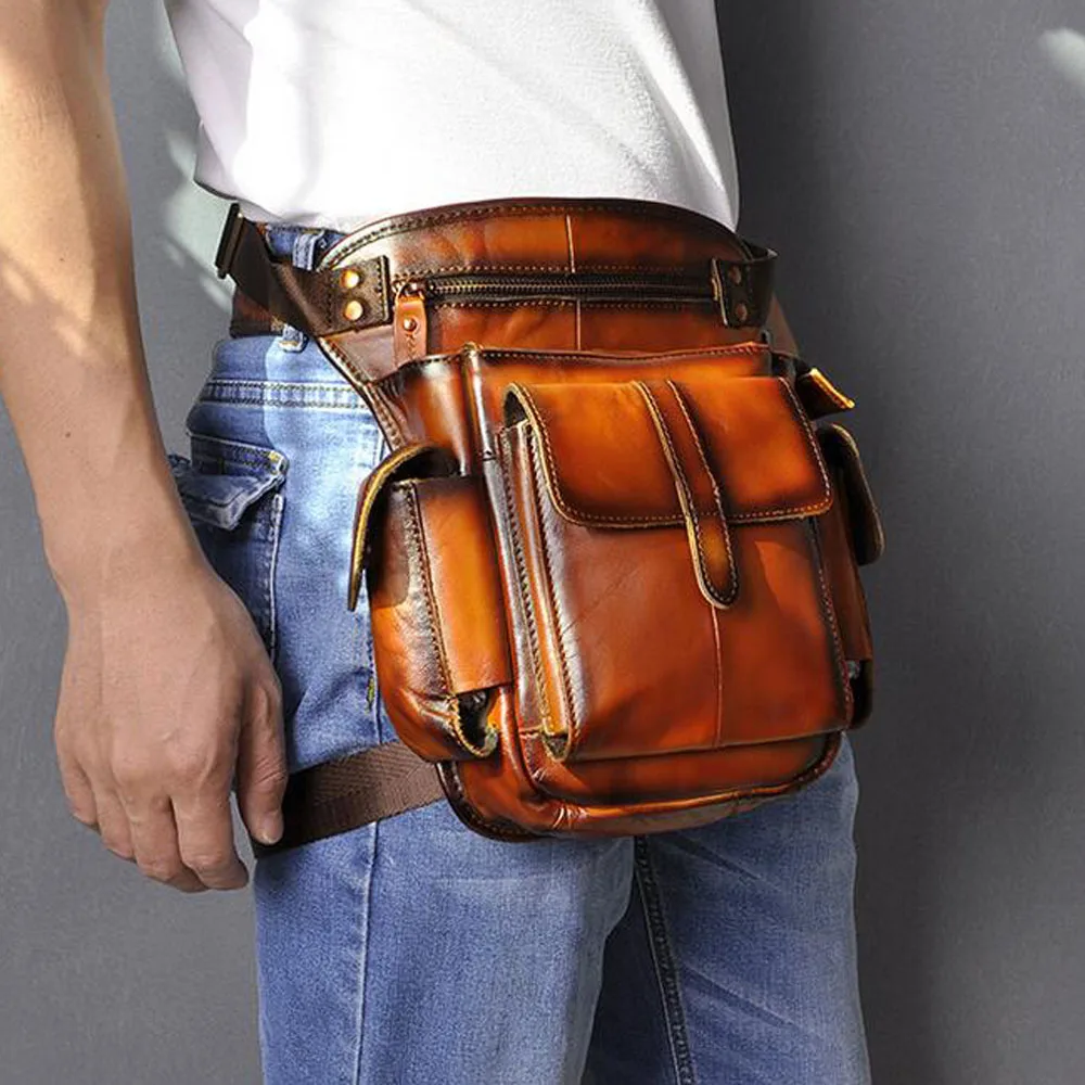 

Genuine Leather Men's Thigh Drop Leg Bag First Layer Cowhide Waist Bag Brand Vintage Belt Hip Messenger Shoulder Bag
