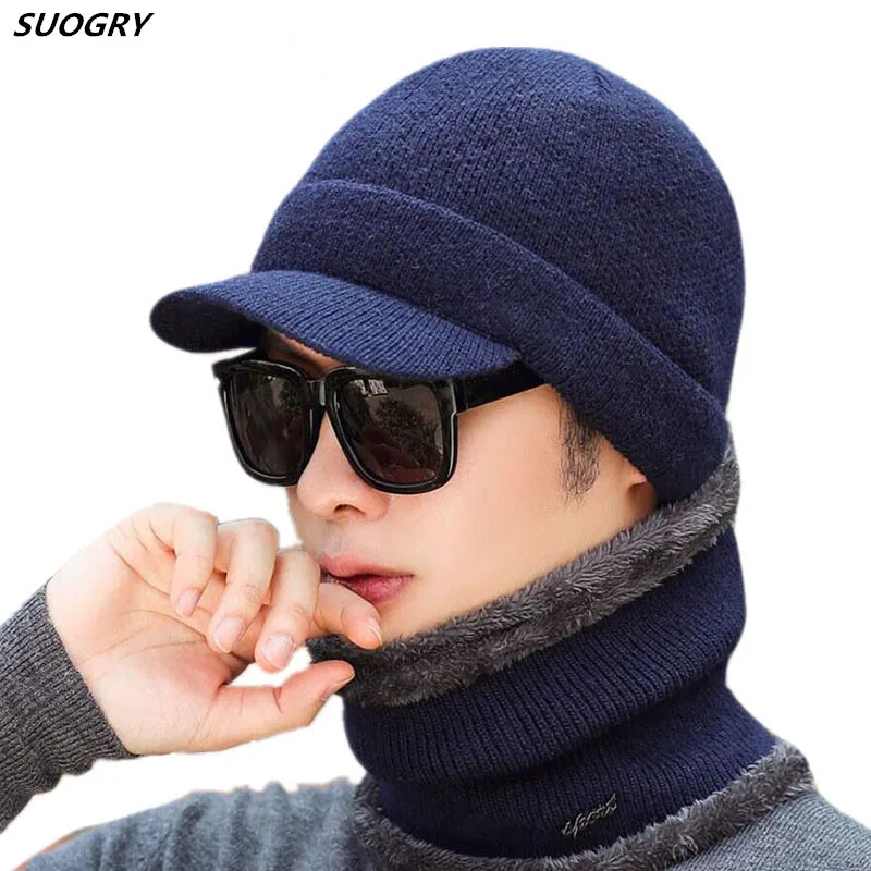 

2019 New High Quality Winter Knitted Beanie Scarf 2 Pieces Set Thick Lining Plus Velvet Men's Visor Warm Hat Dad Soft Cap Balacl
