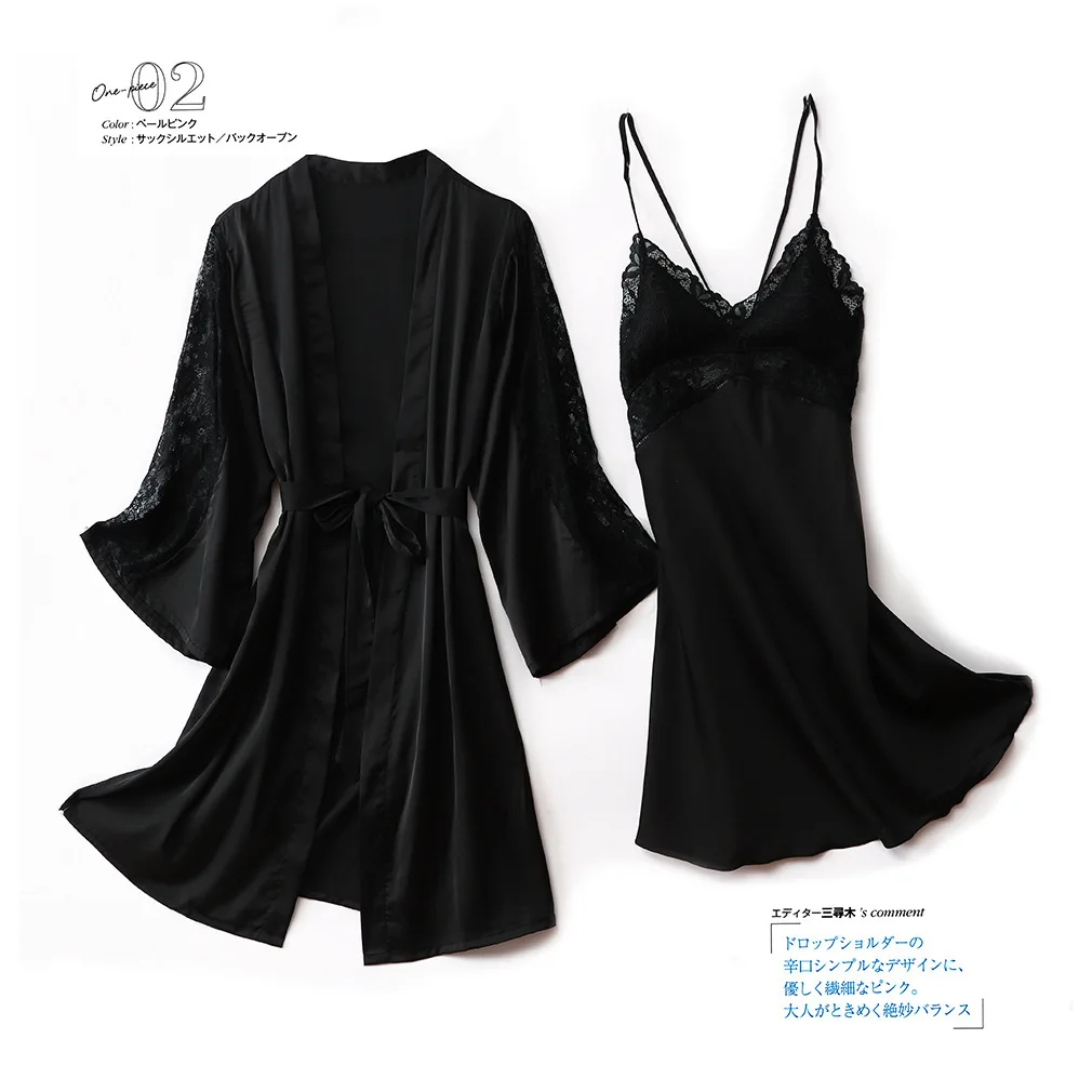 

Loose Satin Women Wedding Robe Suit Summer Nightgown Sleepwear 2PCS Lace Sleep Set Sexy Hollow Out Kimono Bath Gown Home Wear