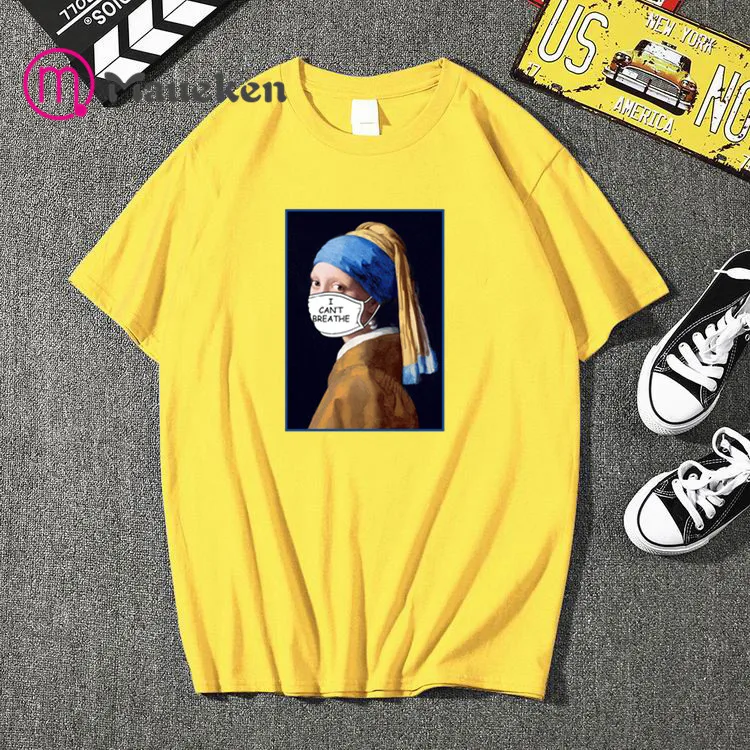 

I CAN'T BREATHE Letter Harajuku Girl with a Pearl Earring Graphic Tee Summer Casual T Shirt short sleeve O-Neck Tee Tops t-shirt