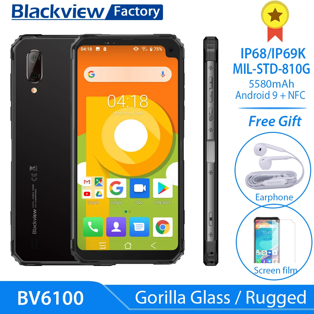 Blackview BV6100 Android 9,0 прочный смартфон открытый 6,8" Gorilla экран 3 ГБ+ 16 Гб мобильный телефон 5580 мАч NFC IP68 Водонепроницаемый телефон