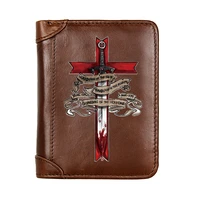 men genuine leather knights templar sword short wallet male multifunctional cowhide male purse coin pocket photo card holder