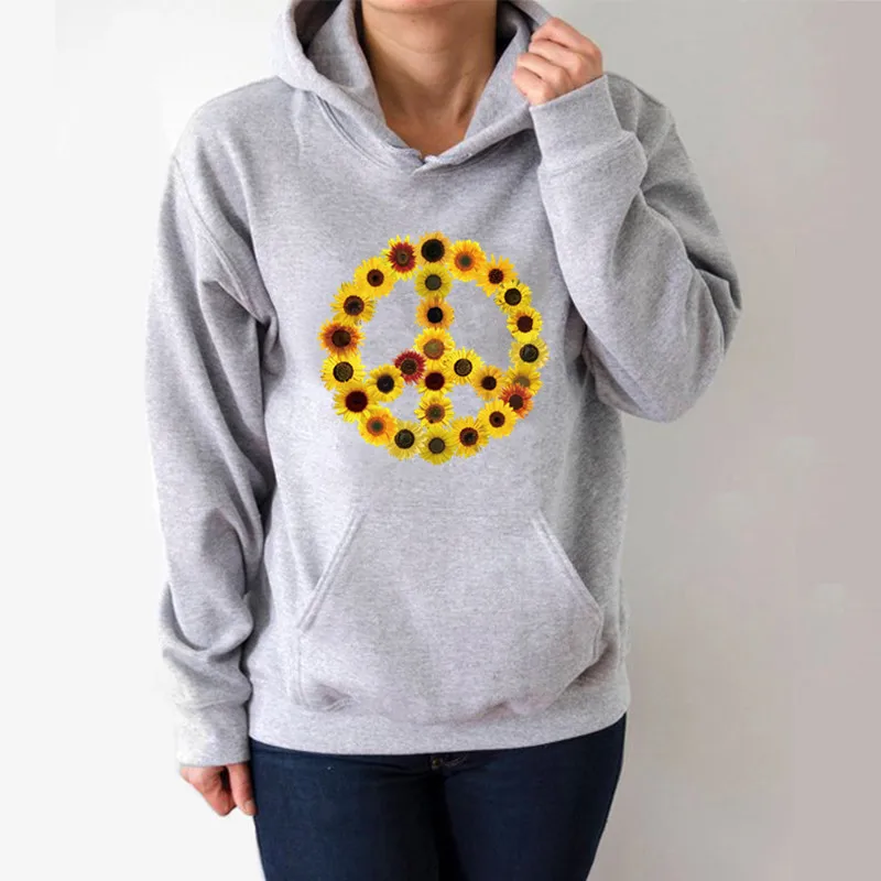 

Peace Sunflower Printed Hoodies Women Fleece Long Sleeve Loose Sweatshirt with Hat Girls Women Hoodie Pullovers Winter