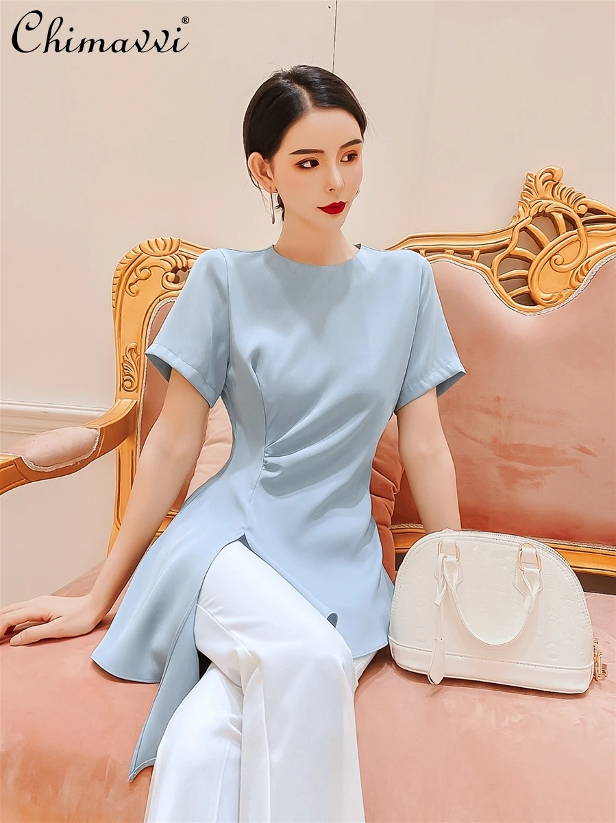 

Women Solid Color Short-Sleeved Split Pleated Irregular Hem Shirt 2021 Summer New Slimming Round Collar Silky Soft Blouse Top