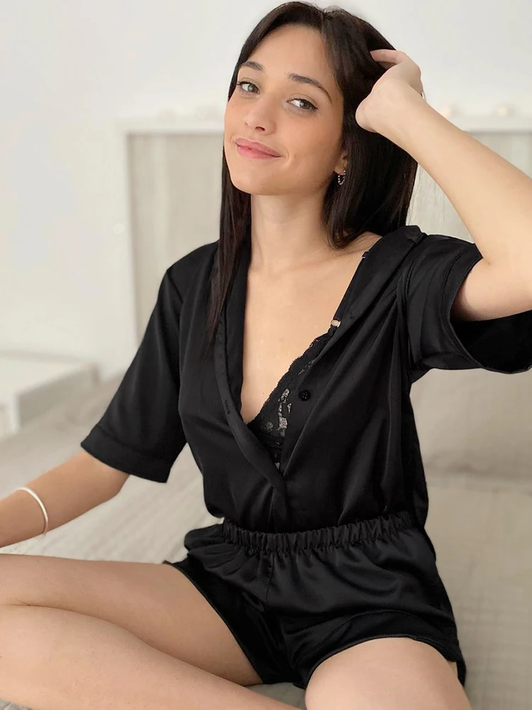 

Sexy Drop Sleeve Women Pajama Suits With Shorts Turn Down Collar Pijama Set Woman 2 Pieces Silk Women's Shirt Slit Sleep Tops