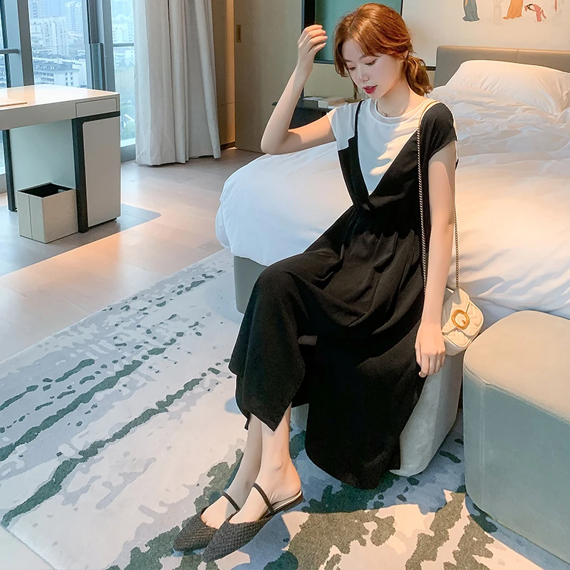 

COIGARSAM Fashion Women Long dress New Summer High Waist Dresses Black 9026