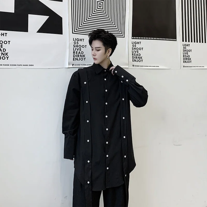 Men's Long Sleeve Shirt Spring And Autumn New Personality Detachable Button Ribbon Fashion Popular Casual Large Size Shirt