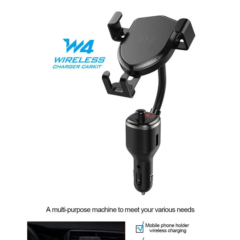 

10W Wireless Quick Charging Mobile Phone Holder Stand with Fm Bluetooth Transmitter Phone Holder with LED digital display r60